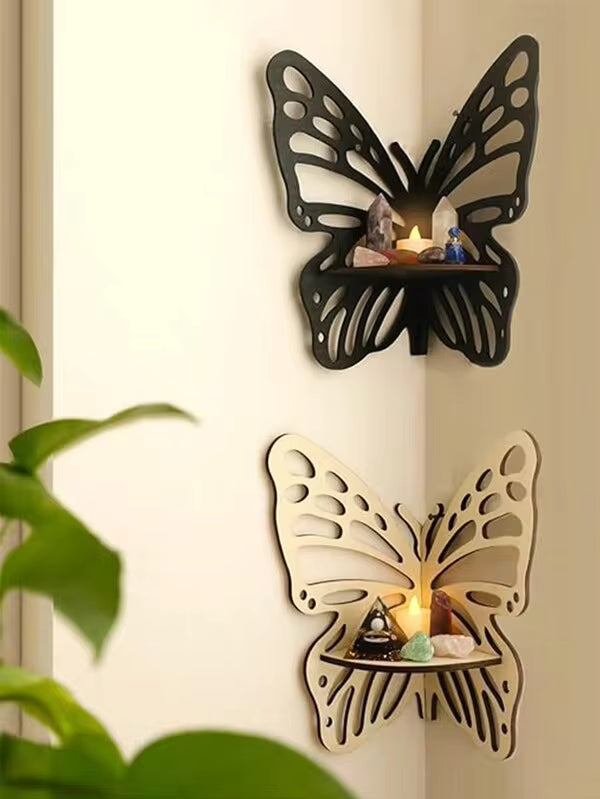 1pc Butterfly Crystal Rack - Wall Mounted Corner Rack, Bedroom Crystal Display Rack, Bohemian Style Cute Bathroom, Kitchen, Office, Living Room Decoration Gift Wall Rack, Wooden Butterfly Hollow Crystal Storage Rack, Simple Home Wall Decoration